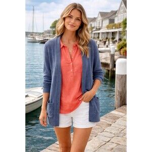 Talbots Sweater Small Linen Blue Open Pockets Stretch Rib Hem Classic Long